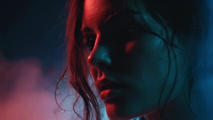 Poster - Dramatic cinematic portrait featuring young woman bathed in vibrant red and blue lighting, surrounded by moody smoke creating intense visual atmosphere