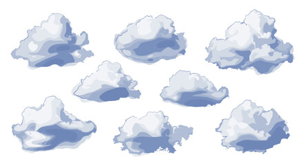 Poster - Illustration of seven fluffy white clouds with light blue shadows on a white background in watercolor style