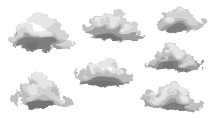 Poster - Illustration of a scattered arrangement of fluffy white clouds with gray shadows on a white background