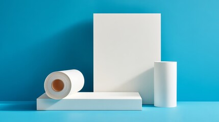 Poster - Modern Minimalist White Paper Roll Mockup Blue Background Product Presentation Clean Design Studio Photography Template Branding Identity Advertise Marketing Materials style image 