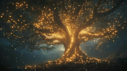 Wall Mural - magical particles emanate from yggdrasil, the tree of life, illuminating a mystical forest with an e