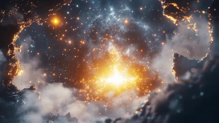 Poster - Luminous golden nebula radiating through swirling dark interstellar clouds, revealing intricate cosmic dust patterns and stellar brilliance against infinite deep space background