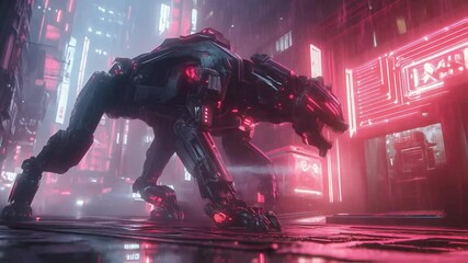 Poster - Futuristic robotic panther with glowing red accents stalks through a dark, neon lit cyberpunk city street, creating a sense of impending danger and advanced technology