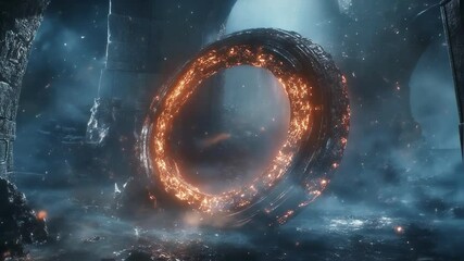 Poster - Mysterious ring emitting orange fire levitating in dark fantasy environment, sparks and smoke flying around, ancient ruins in the background