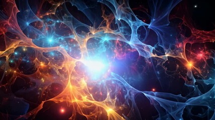 Wall Mural - Abstract network of translucent lines in hues of blue, orange and red with glowing stars in a cosmic background generating a futuristic fantasy vibe