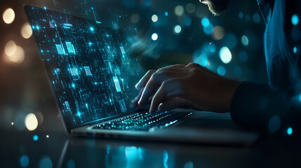 Poster - Secure data protection and network security systems. VPN connections and zero trust security. Man using laptop computer with an encrypted data security system.