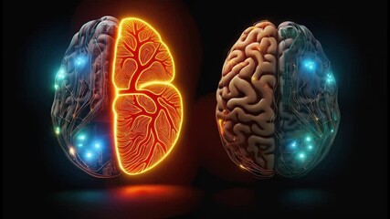 Poster - Glowing neural connections dynamically rotating across right hemisphere of human brain, revealing intricate network patterns against dark background, illustrating complex neurological functionality