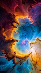 Wall Mural - Vibrant cosmic nebula illustration featuring swirling clouds of space dust and glittering stars, with orange, blue, and purple colors.