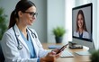 © wu - Female doctor therapist uses digital tablet, wearing glasses, white medical coat, stethoscope. Indoor session, remote online consultation via video call teleconference. Pro advice, medicine,