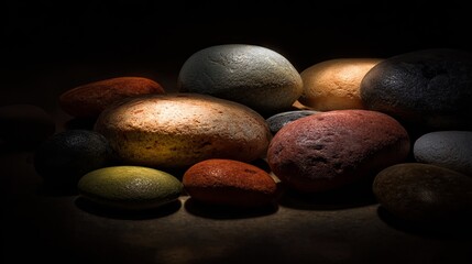 Poster - Smooth Colorful Stones Dark Background Natural Rock Pile Tranquil Zen Meditation Spa Serenity Peaceful Pebble Texture Abstract Art Design Element Photography Image red life grey   