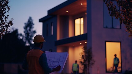 Poster - construction workers reviewing plans at dusk in front of modern house with lit windows