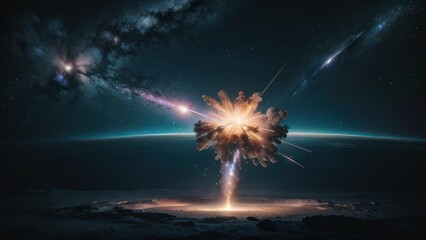 Wall Mural - A cosmic explosion above a planet's surface.