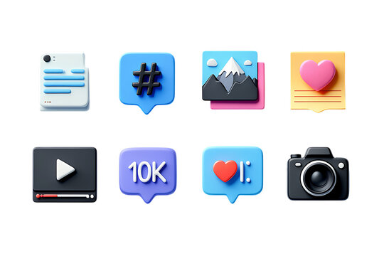 Social Media Icons, 3D Rendered Illustrations Engaging Content, Hashtag, Photo, Video, Likes, Comments, Followers, Camera