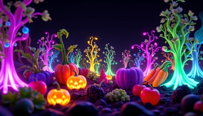 Poster - high quality, a futuristic, neon lit scene with glowing vegetables set against a dark background.