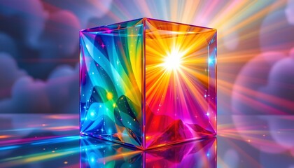 Poster - high quality, a vibrant, colorful glass cube with interior light rays, in an abstract and dreamy art style.