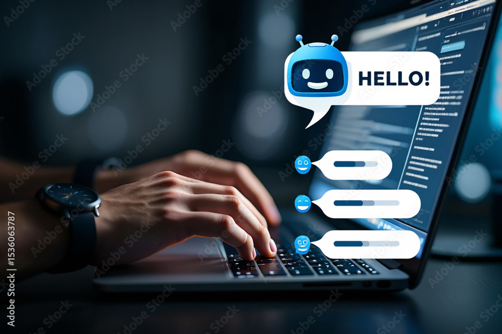 Using Chat Bot On Computer Person using laptop with chatbot interface showing customer feedback ...