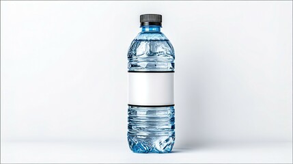 Poster - Light blue plastic water bottle with blank label.
