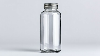 Poster - Empty glass bottle with metal cap on a light background.