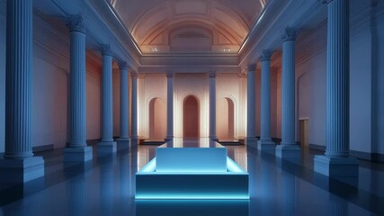 Poster - captivating interior shot showcasing a grand hall with majestic pillars and ambient neon light casting a surreal atmosphere on the architecture