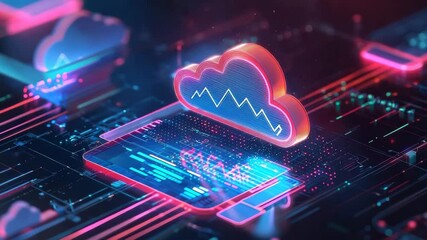 Aufkleber - A glowing cloud icon hovers above a digital tablet, representing modern cloud computing and data transfer in a futuristic style.