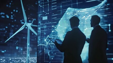 Aufkleber - Two people analyze digital data on a screen with a wind turbine and futuristic graphics in a modern technology setting.