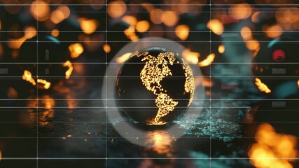 Poster - A glowing globe with illuminated continents stands out on a reflective surface, surrounded by blurred, warm lights in the background.