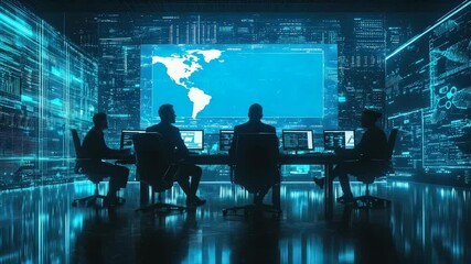 Poster - A team of professionals monitors large digital data screens in a modern high-tech control room.
