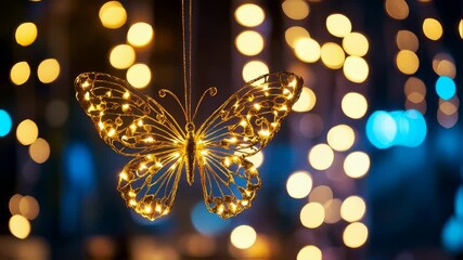 Poster - glowing butterfly ornament suspended against a bokeh backdrop, casting a warm inviting ambiance with a festive yet serene aesthetic