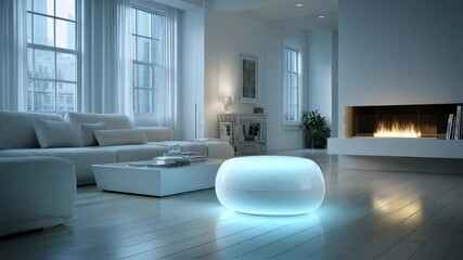 Poster - serene living room interior with modern fireplace and luminous ottoman, presenting a quiet elegance and harmonious design