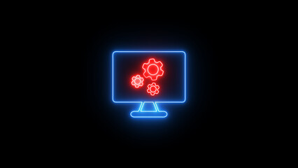 Fototapete - Neon computer screen with gear icons representing settings configuration and system setup on a dark background symbolizing technology and digitalization