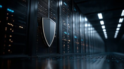 Poster - Secure Data Center Server Room Network Protection Shield Digital Technology Infrastructure Modern Cybersecurity Advanced Privacy Safeguard System Powerful Reliable Data Storage    