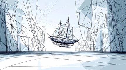 Poster - Floating vessel amidst a framework of abstract structures.