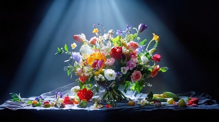 Poster - Vintage floral bouquet illuminated with dramatic chiaroscuro light, moody classical still life