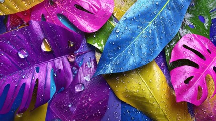 Aufkleber - Vibrant tropical leaves with raindrops and geometric overlays, abstract jungle concept