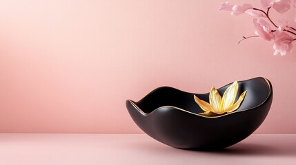 Poster - Sleek petal-shaped bowl in black and gold placed on soft pink background, elegant modern decor