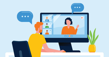 Aufkleber - business people connecting online with teleconferences and video conferences for online meetings, learning remote working and work from home concept. flat vector illustration design
