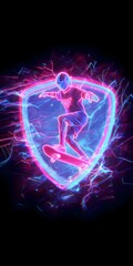 Poster - neon skateboarder in shield frame with electric effects