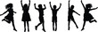 © Legend Monir - Silhouette of kids jumping, happy children dancing, playful youth in motion, black shadow figures, fun activity illustration, energetic childhood, vector outline design, joyful children art