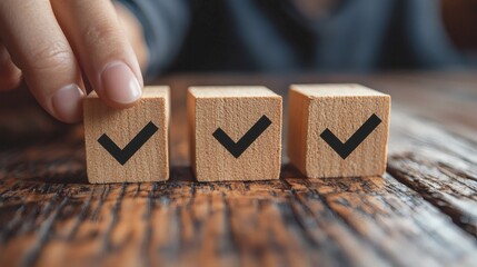 Aufkleber - transparent floating blocks in row with check marks representing minimalist goal tracker, person interacting with first block, clean visual with side copy space