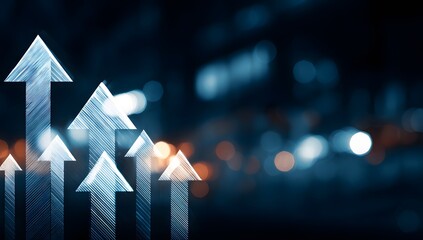 Poster - Ascending arrows symbolizing growth against a blurred cityscape background