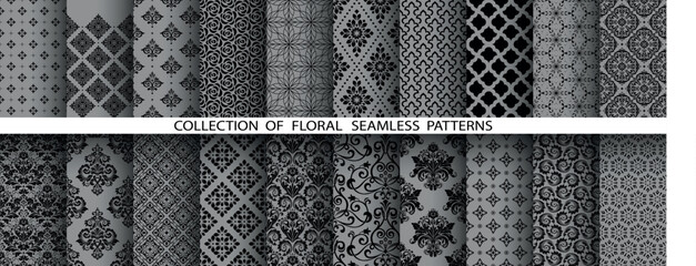 Poster - Geometric floral set of seamless patterns. Gray and black vector backgrounds. Damask graphic ornaments