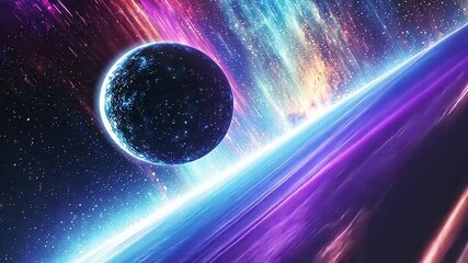 Wall Mural - Vibrant cosmic scene showcasing a glowing planet set against a colorful nebula and starry background