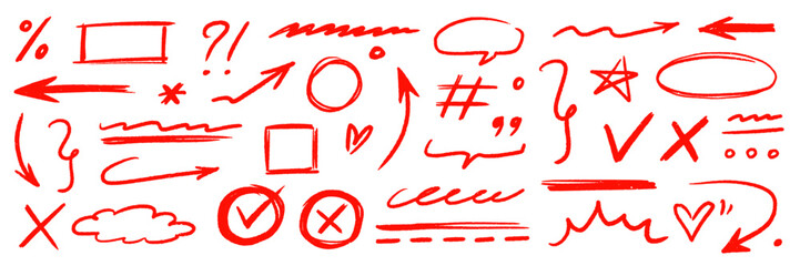 Poster - Hand drawn line arrow chalk brush stroke red icon set. Red crayon underline, check mark, scribble shapes with rough texture. Hand style symbols, arrows, star and frame highlight. Vector illustration