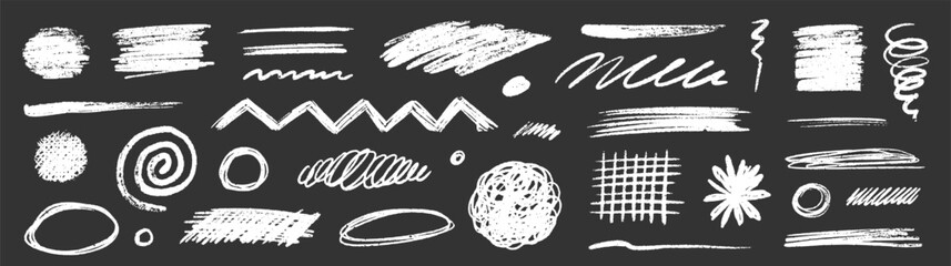 Poster - Crayon chalk scribble effect texture pastel stroke element set. Hand drawn crayon pencil brush stroke texture line shape on black background. Chalk scratch hand drawn style. Vector illustration
