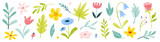 Flower crayon watercolor spring floral set. Hand drawn pastel crayon flower, leaf, plant with chalk texture. Cute nature background for kid, child, garden doodle element design. Vector illustration Flower crayon watercolor spring floral set. Hand drawn pastel crayon flower, leaf, plant with chalk texture. Cute nature background for kid, child, garden doodle element design. Vector illustration