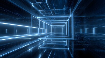 Poster - Abstract Blue Neon Grid Tunnel with Reflective Surface