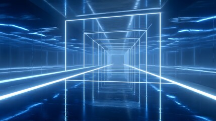 Poster - Infinite Blue Neon Corridor with Reflective Floor and Geometric Patterns