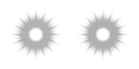 Poster - Halftone circle frame background set. Round border Icon using halftone random circle. Grunge circular stain. Vector illustration.	