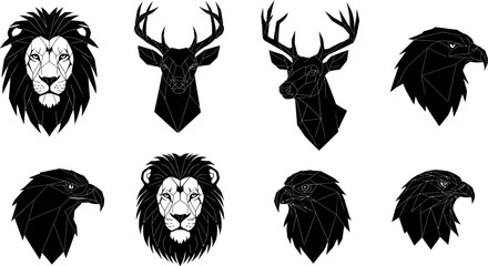 Poster - Geometric animals vector art lion deer eagle illustration black and white design graphic elements set editable stock vector illustration