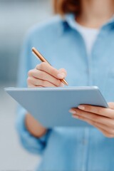 Poster - close-up image of person skillfully handling project management tools like digital planners or tablets providing clean